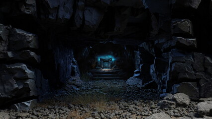 Tunnel in a mountain cave leading to a glowing portal gate. An abandoned passage in the rock. 3d render