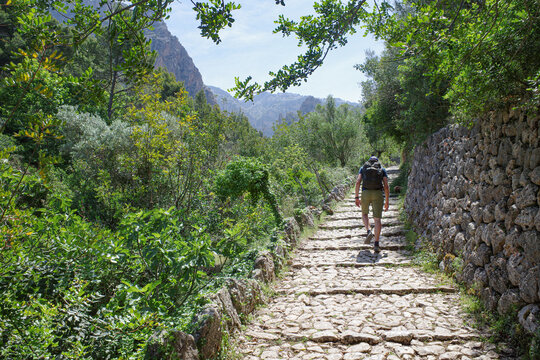 Mallorca, Spain - 12 June, 2023: The Barranc de Biniaraix and GR221 hiking trails in the Tramuntana Mountains, Mallorca
