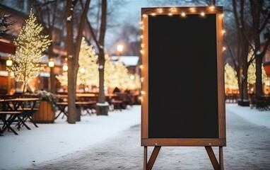 Empty menu board on the street in wintertime. Festive fair lights. Chalkboard menu sign mockup - obrazy, fototapety, plakaty