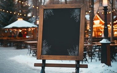 Empty menu board on the street in wintertime. Festive fair lights. Chalkboard menu sign mockup