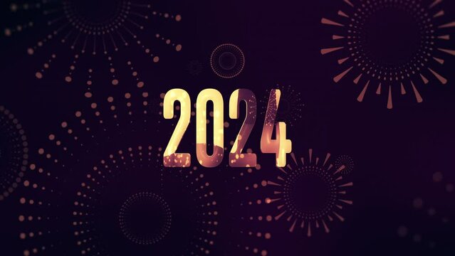 Happy New Year Abstract background with Golden fireworks bright on bright colors background, text 2024 Happy New Year. Flat style abstract, geometric design. Concept for holiday decor. Seamless Loop.