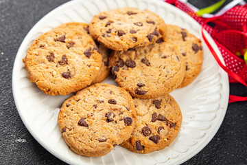 christmas cookie chocolate drops sweet dessert holiday treat new year and christmas celebration meal food snack on the table copy space food background rustic top view