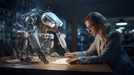Female engineer examines robot's AI mechanism, searching for a solution. Using a laptop at an industrial technology factory - obrazy, fototapety, plakaty