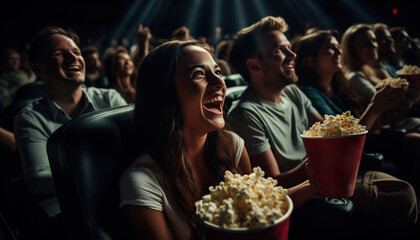 Amigos viendo películas en el cine y riendo. Grupo de personas en teatro con palomitas y bebidas.Ia generado.