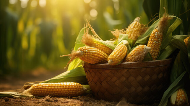 Corn on a basket in the field with mature corn cobs lying on the ground