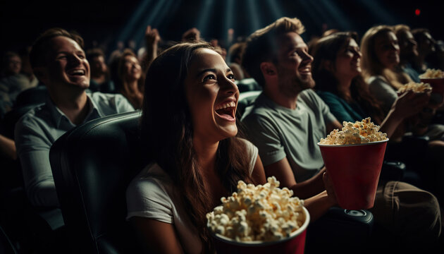 Amigos viendo pel&iacute;culas en el cine y riendo. Grupo de personas en teatro con palomitas y bebidas.Ia generado.