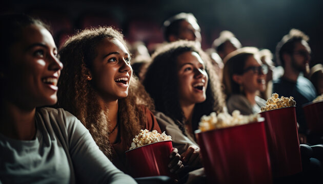 Amigos viendo pel&iacute;culas en el cine y riendo. Grupo de personas en teatro con palomitas y bebidas.Ia generado.