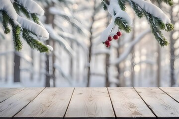 Empty wooden table against a winter forest background. Winter background for promotion product demonstration. Generative AI