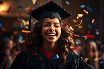 Obraz premium Triumphant Moments Celebrating Graduation, Joyful Schoolgirl Embracing Success on Graduation Day. created with Generative AI