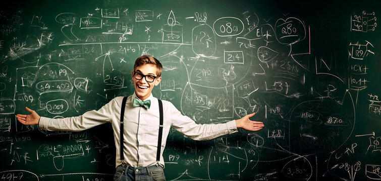 panorama of nerd student with classic outfit standing with a chalkboard background