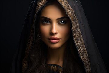 Studio portrait of beautifil arab woma in head scarf hijab on different colours background