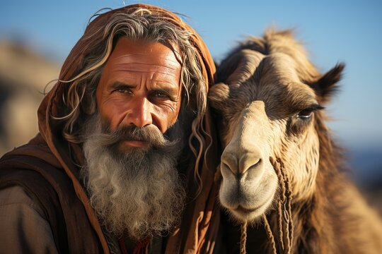 Bedouin and camel in the deserted Wadi Rum desert. Landscapes from science fiction films. Blurred background. Cheerful nomad in traditional arab clothing. Man with humped animal. Egyptian traveler