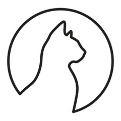 Cat profile black silhouette in a round frame. One line vector illustration isolated on a white background