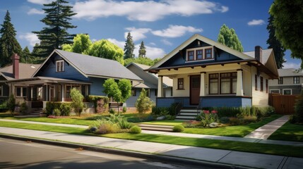 Fototapeta na wymiar bungalow style home surrounded by other bungalows in San Jose, California in a photo realistic style