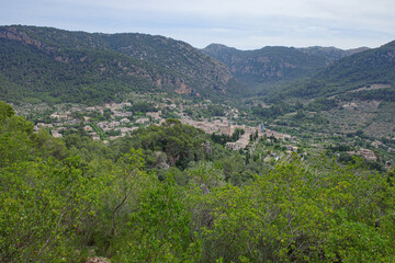 Valldemossa, Spain - 11 June, 2023: Views over the town of Valldemossa and Tramuntana Mountains, Mallorca