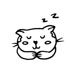Cute hand-drawn sleeping cat on a white background. Sweet and hygge illustration for posters, banners, prints, and kids' playroom decoration.