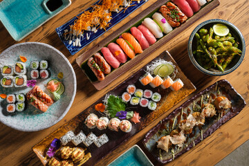 Various sushi set with shrimps