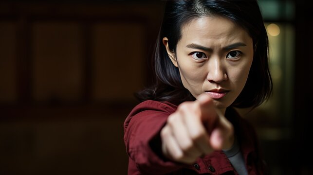 Woman pointing finger. Generative AI.