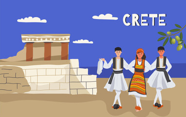 Vector illustration of hand drawn landmarks, attractions and symbols of Greece in doodle style. Characters people dance sirtaki. Tourism, travel. - obrazy, fototapety, plakaty