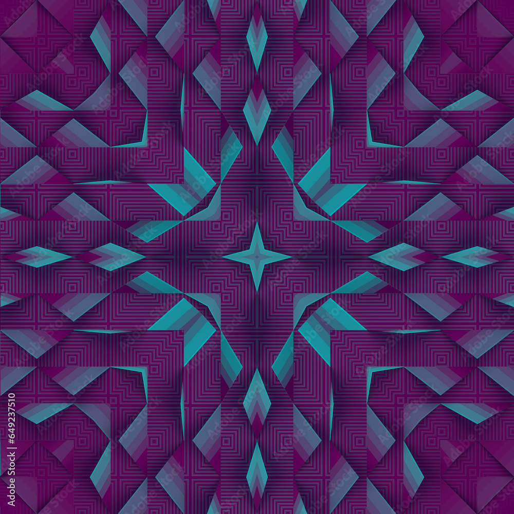 Poster Symmetric geometric pattern of many triangular shapes with a blue-purple gradient. 3d rendering digital illustration