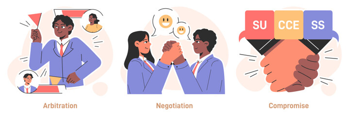 Fototapeta premium Conflict management set. Character with conflict resolution skill. Person