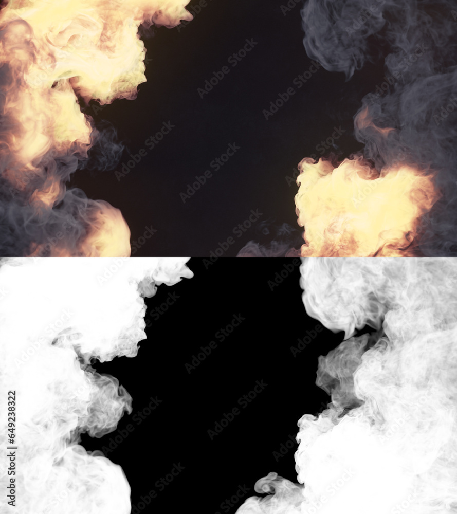 Poster Close up explosions with dark smoke trails. Abstract background with alpha channel. 3d rendering digital illustration