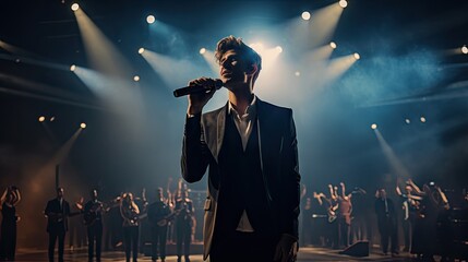 Handsome young male singer holds a microphone stand and performs on a concert stage. - obrazy, fototapety, plakaty