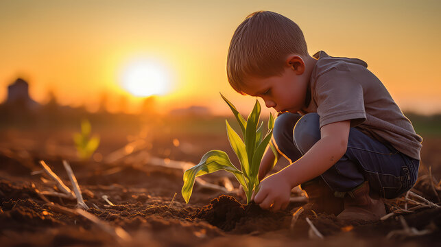 A child squats in a field and plants a corn sprout in the ground. Sunny day, child gardener helps on farming. 