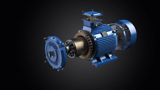 Electric motor parts and structure in a motion on black background.