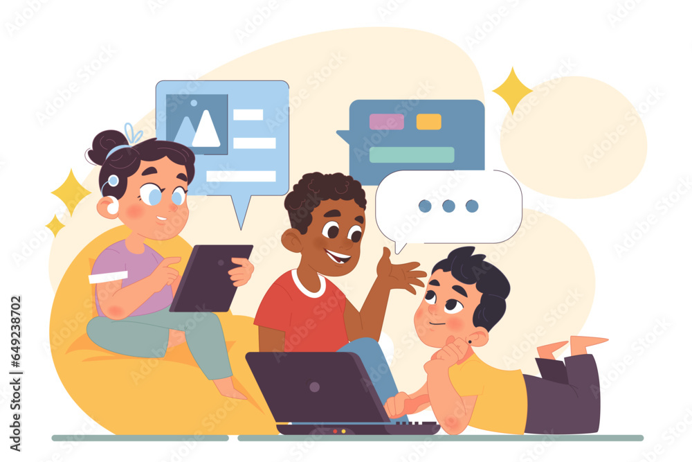 Wall mural computer science class for kids. diverse children programming