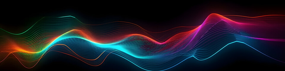 colorful neon wavy line glowing in the dark, banner, copy space
