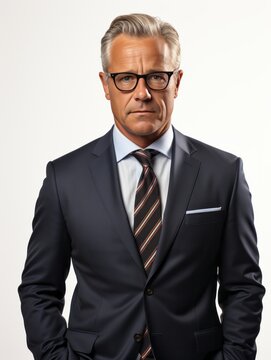 Portrait of a successful businessman. Successful middle aged attorney in a suit and glasses, gazing directly at the camera and standing on a white background with text space.