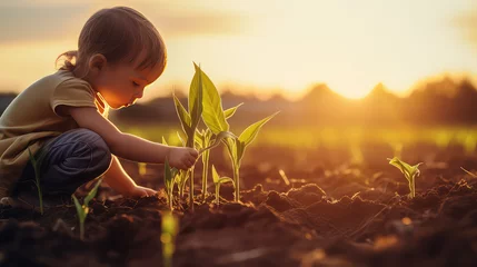 Fototapete Garten A child squats in a field and plants a corn sprout in the ground. Sunny day, child gardener helps on farming. 