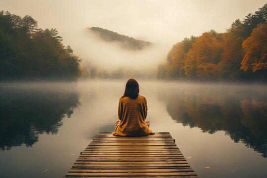 lonely girl sit on jetty by foggy mystic lake in autumn