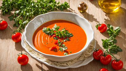 Tomato cream soup on old background