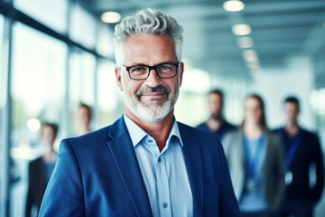 Happy middle aged business man ceo standing in office arms crossed. AI Generative