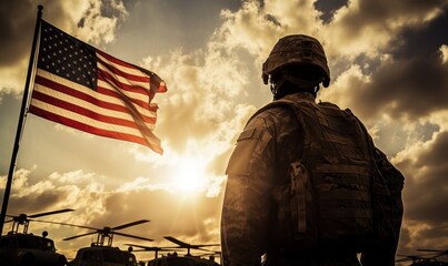 Soldier with american flag, Veterans Day - obrazy, fototapety, plakaty