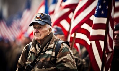 Soldier with american flag, Veterans Day
