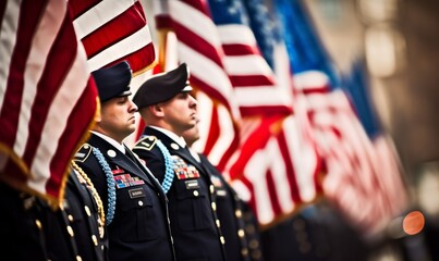 Soldier with american flag, Veterans Day - obrazy, fototapety, plakaty