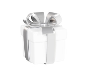 White closed gift box with silver ribbon and bow 3d render illustration