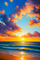 Fototapeta na wymiar Picture of a sea sunset. Sunset on a tropical beach. Beautiful seascape at sunset in oil painting. generative AI
