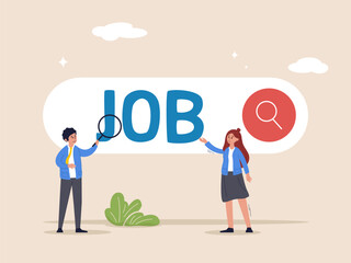 Job vacancy concept. Employees looking for job, Employees using magnifying glass searching a job on the search bar, looking for employment. Flat vector illustration.