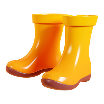 Rain rubber boots 3d render. Cartoon icon of pair of yellow gumboot for rainy weather or farm and garden works.