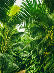 beautiful green jungle. lush palm leaves of a palm tree in an exotic tropical forest. wild tropical jungle. generative AI
