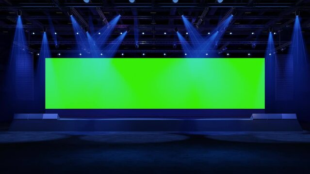 Motion Empty stage Design for mockup and Corporate identity,Display.Stage green screen in hall.Blank screen for Graphic Resources.Scene event led night light staging.Animation loop 4k.3D render.	
