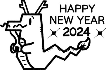 2024 年賀状 テンプレート ハッピーニューイヤー 年賀状 辰年 龍年 新年 たつ 餅 モノクロ