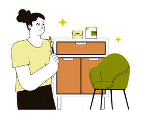 Retrofit movement. Character doing a DIY furniture restoration. Woman