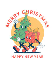 Retro cartoon funny Christmas character poster. Vintage Christmas tree and gift box mascot vector illustration. Nostalgia 60s, 70s, 80s. New year decoration, postcard, print