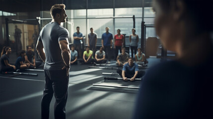 Trainer giving talk to trainees inside a gym. Leadership or fitness concept.