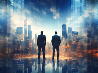 Fototapeta na wymiar Two businessmen standing looking at the city with skyscrapers. Double exposure. Business and corporate life concept.